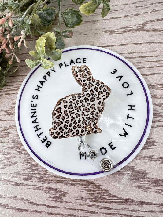 Leopard bunny retractable badge reel, Easter badge holder, medical ID holder, bunny lanyard, nurse ID holder, teacher gifts, acrylic topper