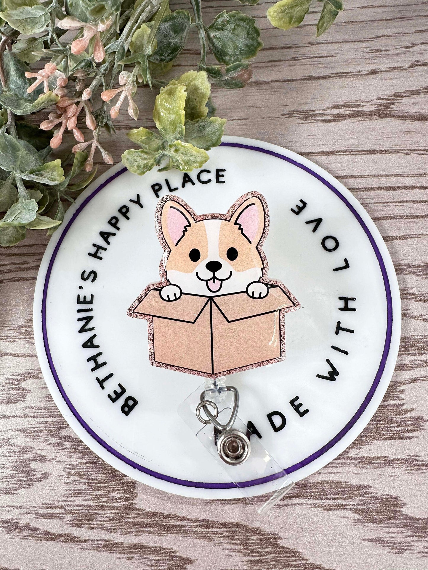 Corgi in a box retractable badge reel, corgi gifts, cute corgi badge holder, medical ID key card holder, nurse badge reel, acrylic topper