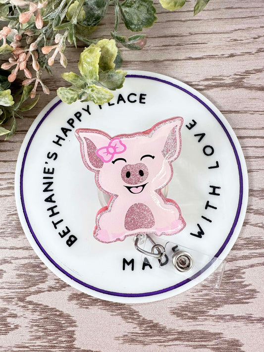 Happy pig retractable badge reel, nurse ID holder, badge clip, pig gifts, pig lanyard, medical badge holder, teacher gifts, acrylic topper