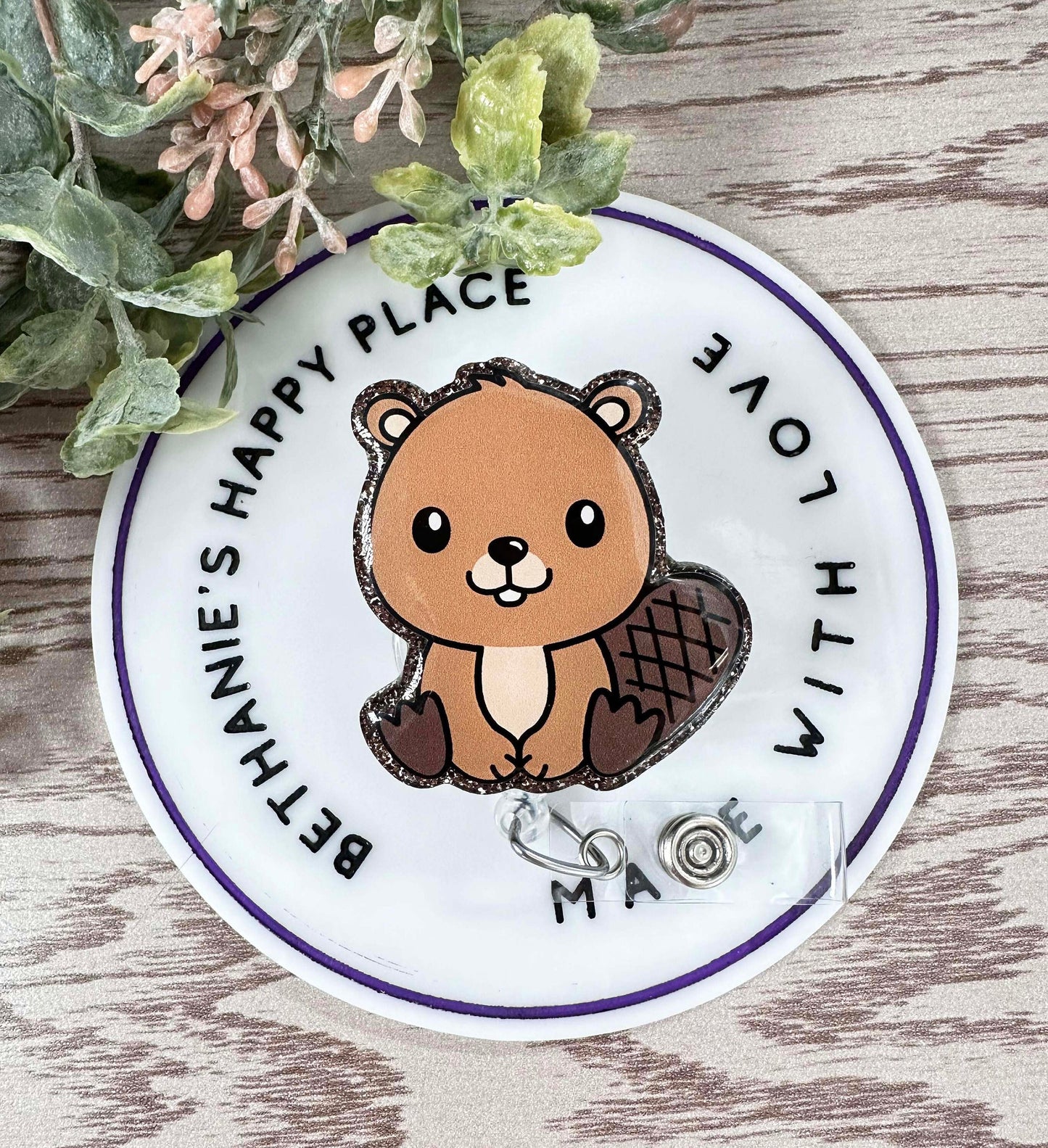 Beaver retractable badge reel, acrylic badge topper, beaver ID holder, glitter badge holder, nurse badge clip, easy to clean, lanyard