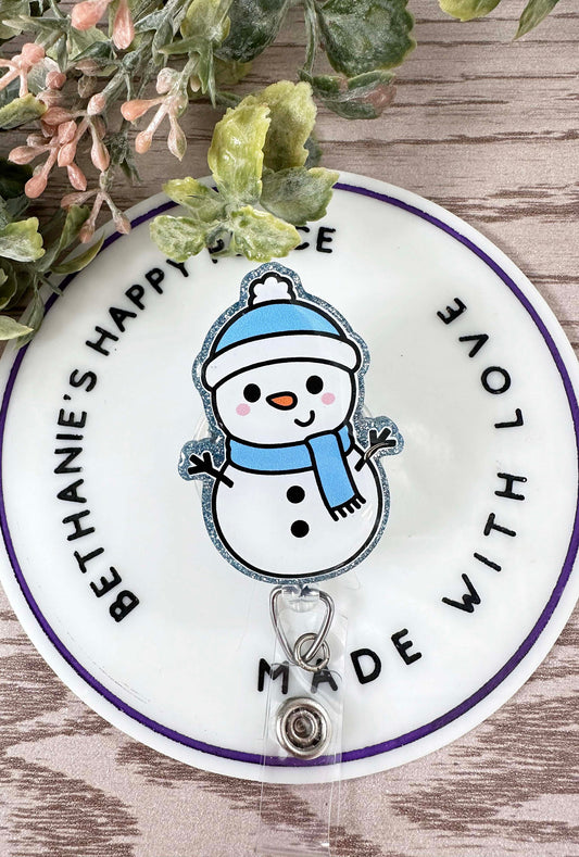 Winter snowman retractable badge reel, Christmas badge clip, medical ID holder, nurse lanyard, snowman gifts, winter acrylic badge topper