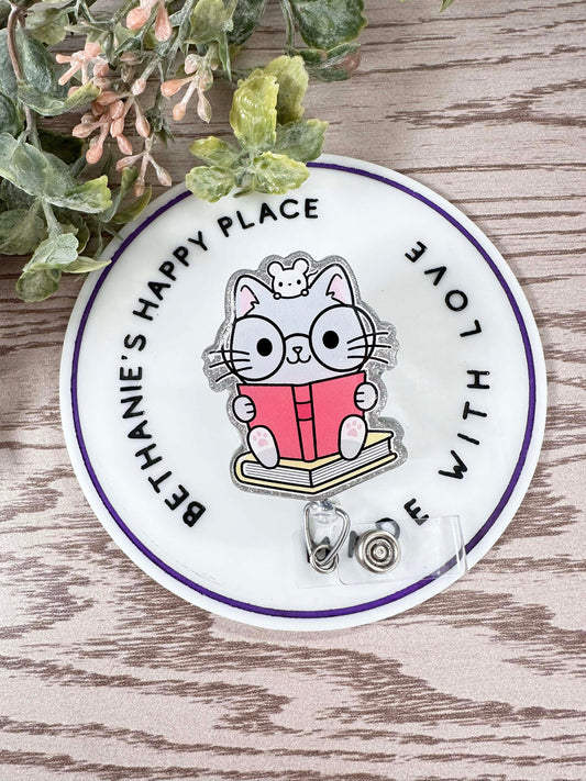 Reading cat retractable badge reel, cat with books, librarian gifts, teacher ID holder, teacher badge clip, cat gifts, acrylic badge reel