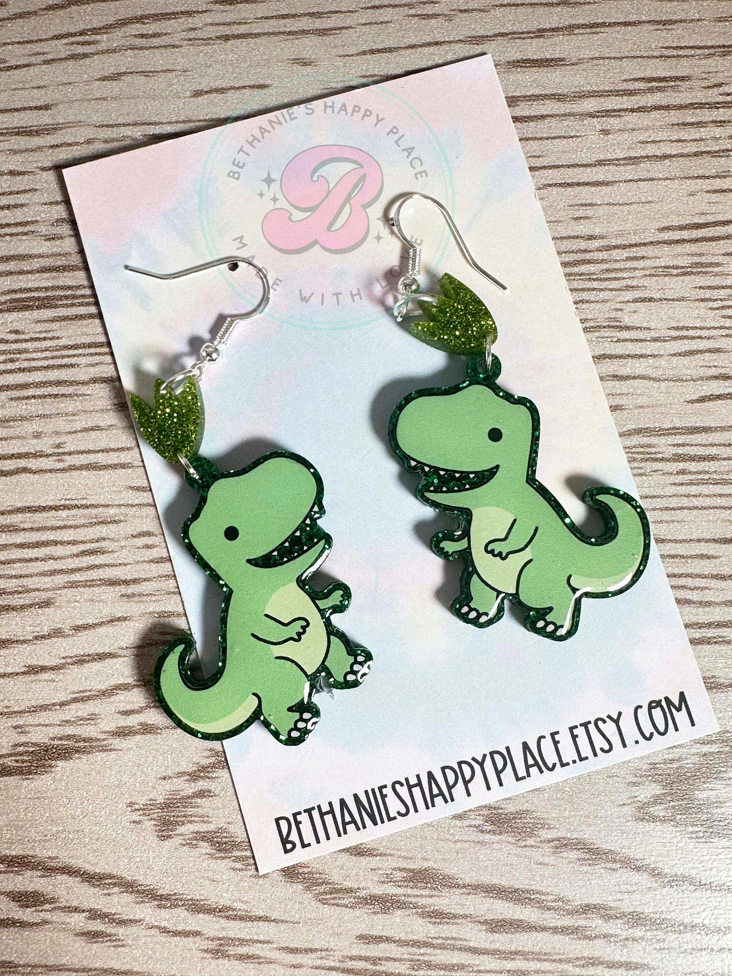 Dinosaur acrylic dangle earrings, cute dino earrings, stainless steel wire hook, dinosaur gifts, unique jewelry, custom handmade earrings