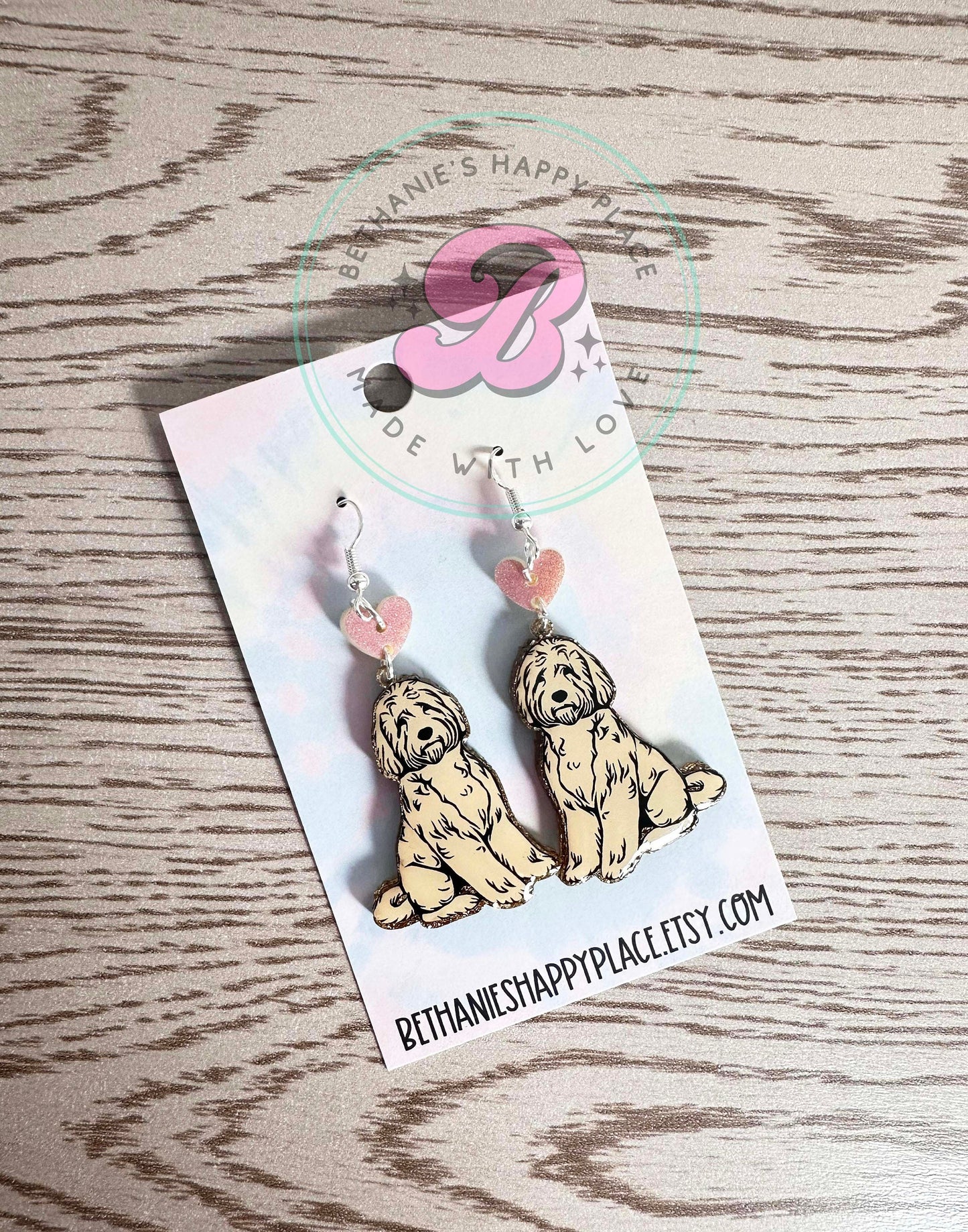 Goldendoodle acrylic dangle earrings, cute doodle dog earrings, stainless steel wire hook, dog gifts, unique jewelry, dog earrings