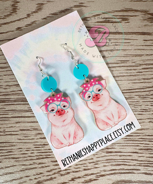 Cute pig acrylic dangle earrings, pig gifts for her, stainless steel wire hook, unique jewelry, handmade earrings