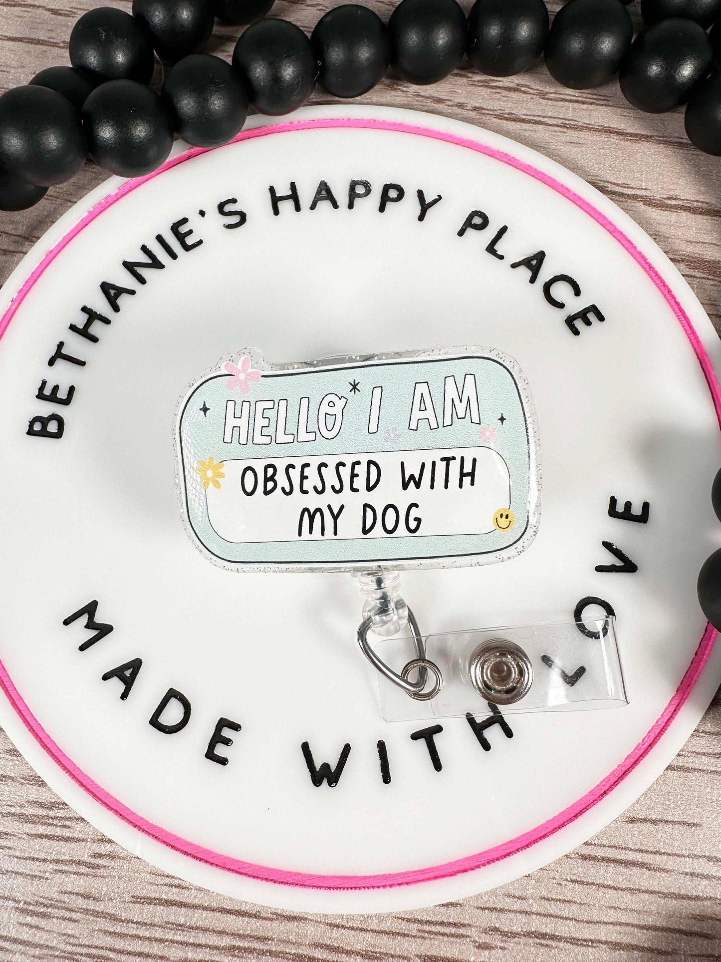 Hello I am obsessed with my dog name tag retractable badge reel, ID holder, dog gift, RN badge holder, teacher lanyard, acrylic badge topper