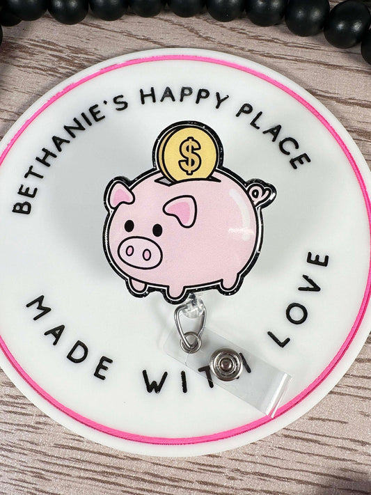 Piggy bank retractable badge reel, cashier gifts, pig badge holder, acrylic badge topper, medical ID holder, key card holder, lanyard