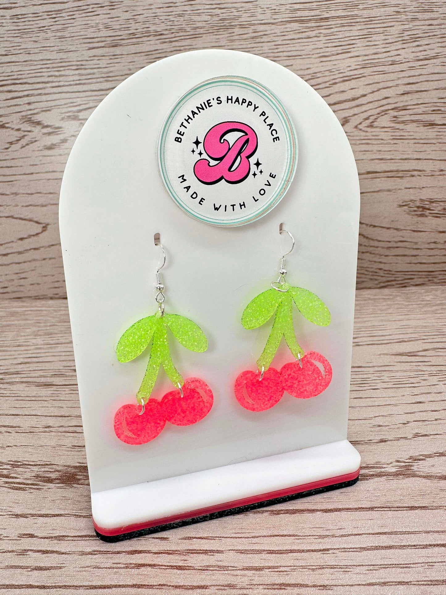 Pink cherry acrylic dangle earrings, cherry gifts, fruit earrings, statement earrings, wire hook, gifts for her, fashion jewelry