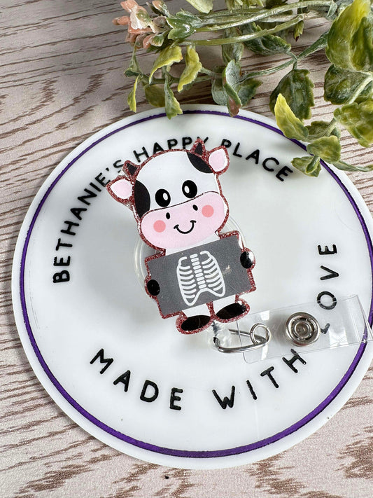 X-ray cow retractable badge reel, cute radiology badge holder, medical nurse ID holder, cow gifts, cow badge clip, X-RAY key card holder