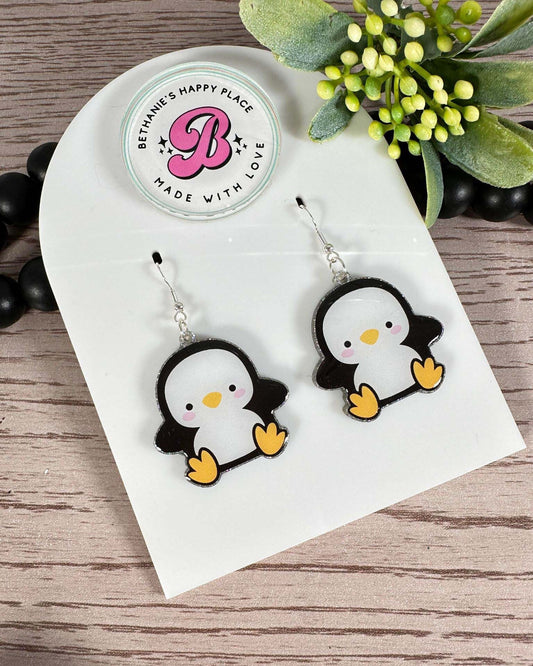 Penguin earrings, penguin dangle earrings, penguin gifts, statement acrylic earrings, gifts for women, stainless steel wire hooks