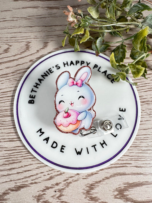 Sweet bunny holding donut retractable badge reel, cute bunny gifts, donut ID holder, key card holder, acrylic badge topper, nurse gifts