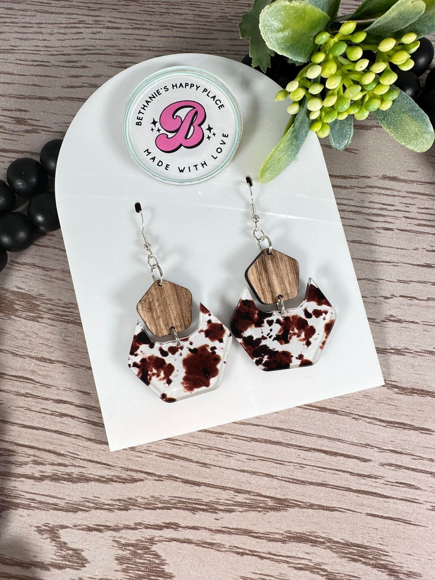 Brown cowhide earrings, acrylic and walnut wood earrings, country cowhide, country gifts for women, cow gifts, statement earrings