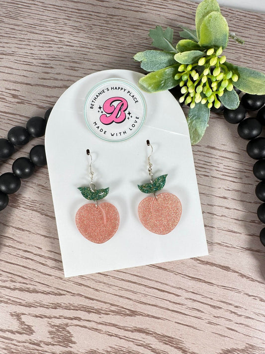 Peach earrings, acrylic handmade peach earrings, peach gifts, gifts for women, dangle statement earrings, stainless steel wire hooks