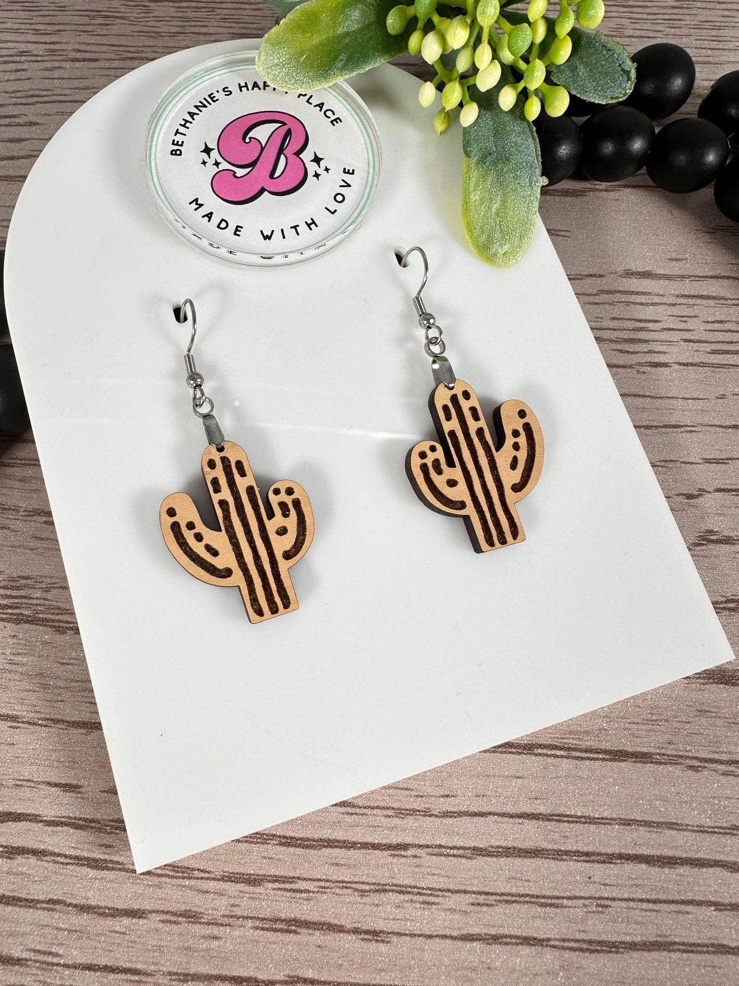 Wood cactus earrings, western gifts for women, handmade cactus gifts, stainless steel wire hooks, gifts for her, statement earrings