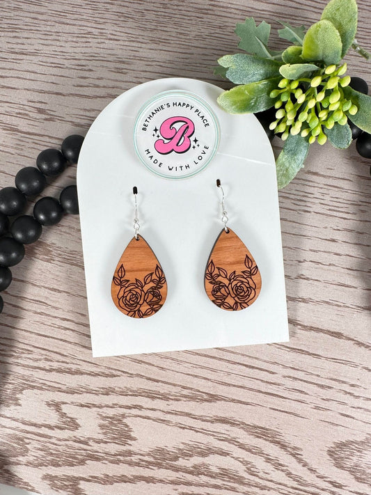 Wood teardrop rose earrings, handmade wood earrings, gifts for women, stainless steel wire hook, laser engraved earrings