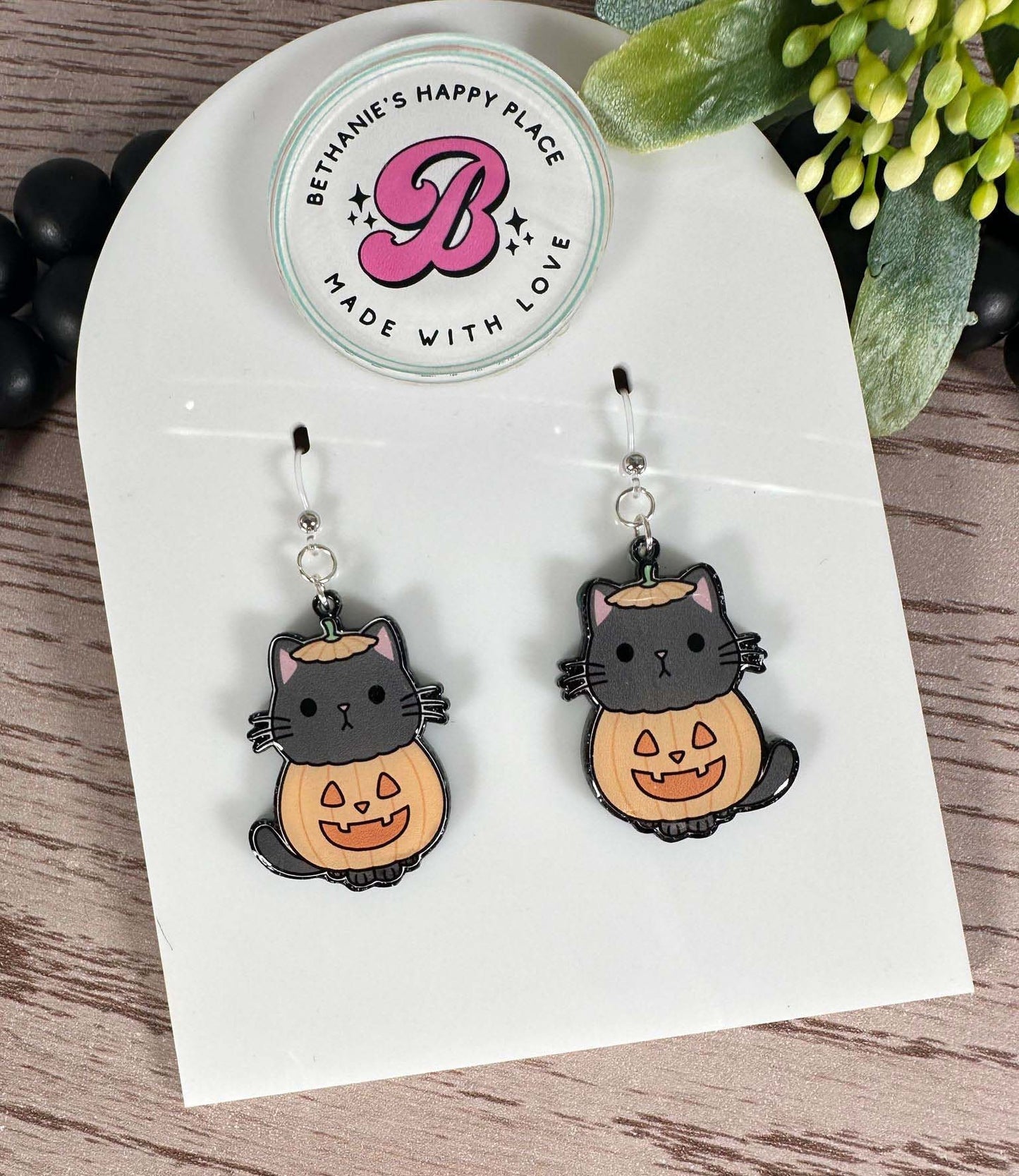 Halloween cat pumpkin earrings, Halloween dangle earings, black cat in pumpkin, Halloween statement earrings, gifts for women