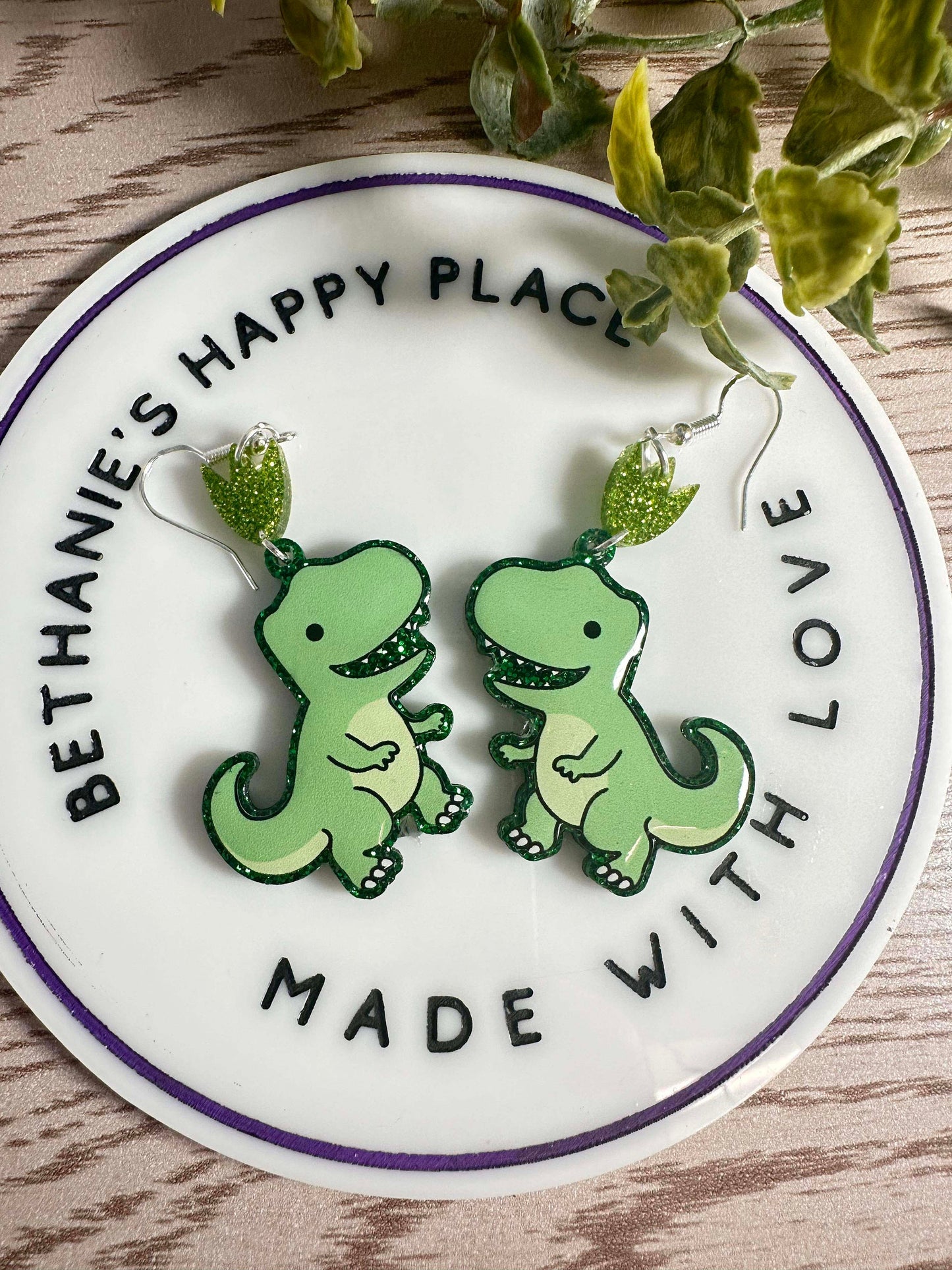 Dinosaur acrylic dangle earrings, cute dino earrings, stainless steel wire hook, dinosaur gifts, unique jewelry, custom handmade earrings