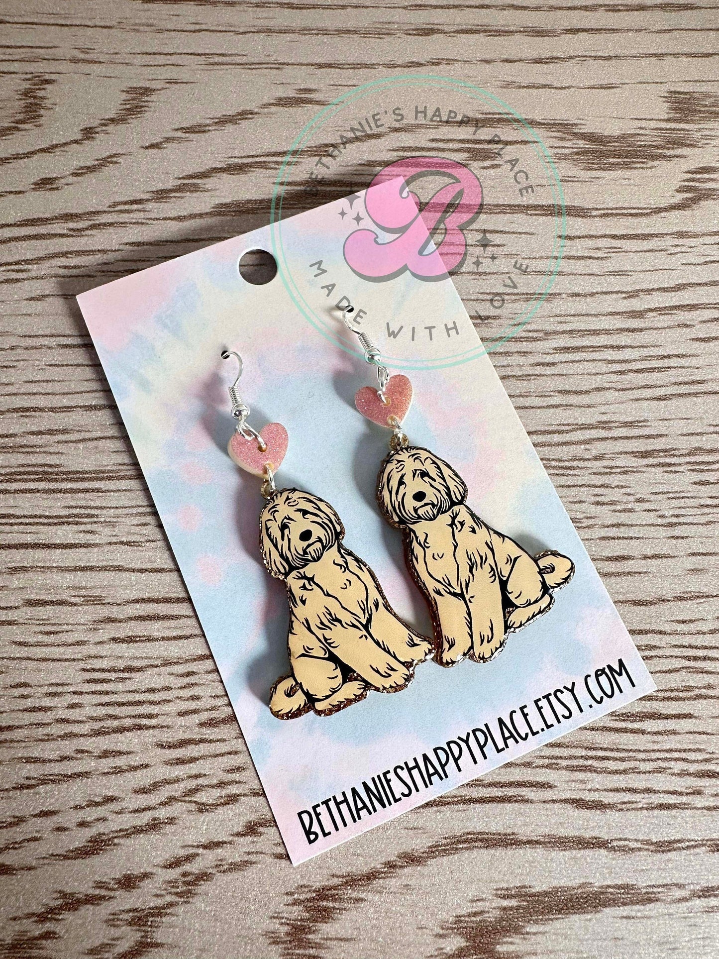 Goldendoodle acrylic dangle earrings, cute doodle dog earrings, stainless steel wire hook, dog gifts, unique jewelry, dog earrings