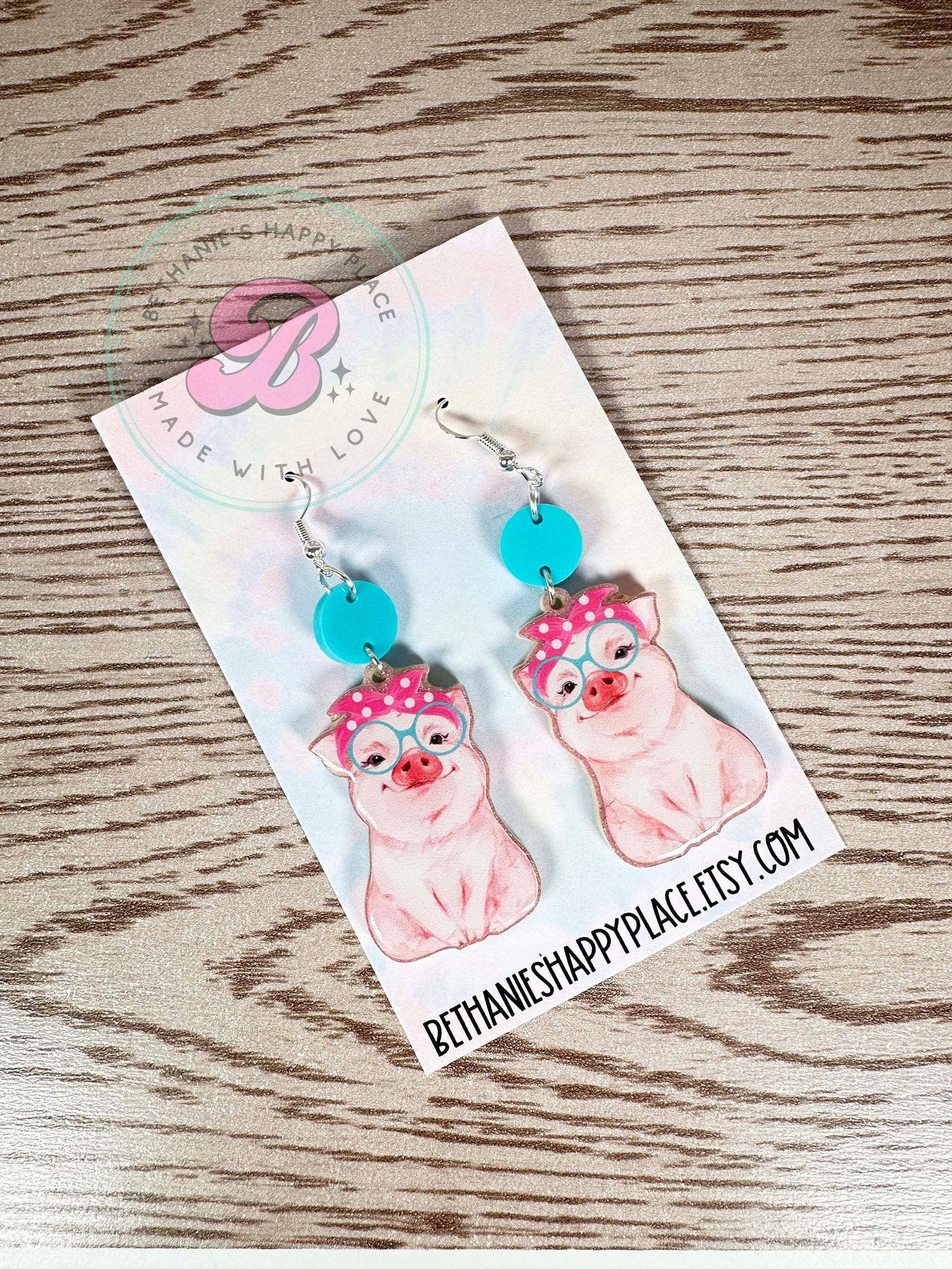 Cute pig acrylic dangle earrings, pig gifts for her, stainless steel wire hook, unique jewelry, handmade earrings