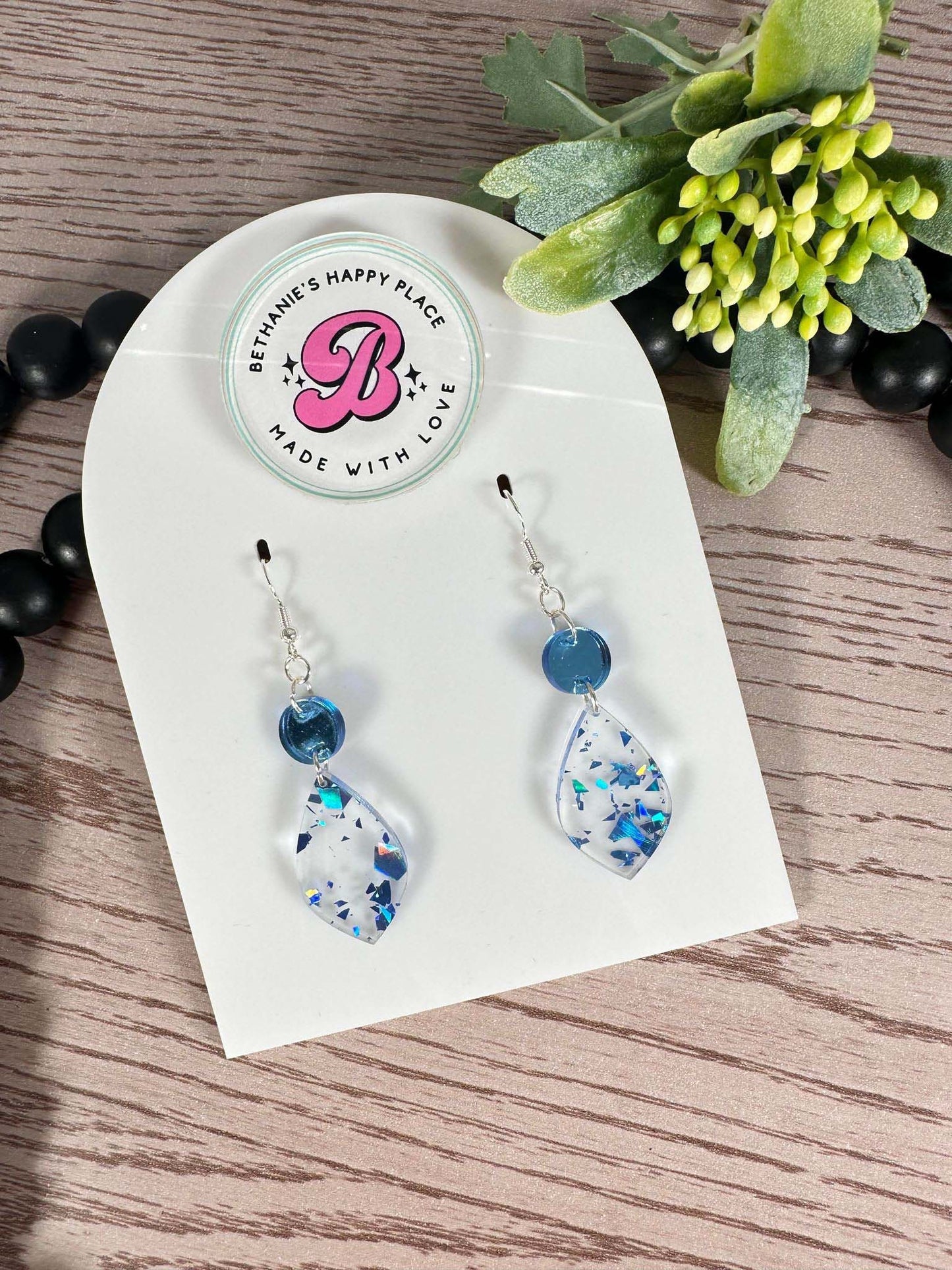 Blue glitter flake teardrop earrings, handmade dangle statement earrings, gifts for women, blue acrylic glitter earrings, fashion jewelery