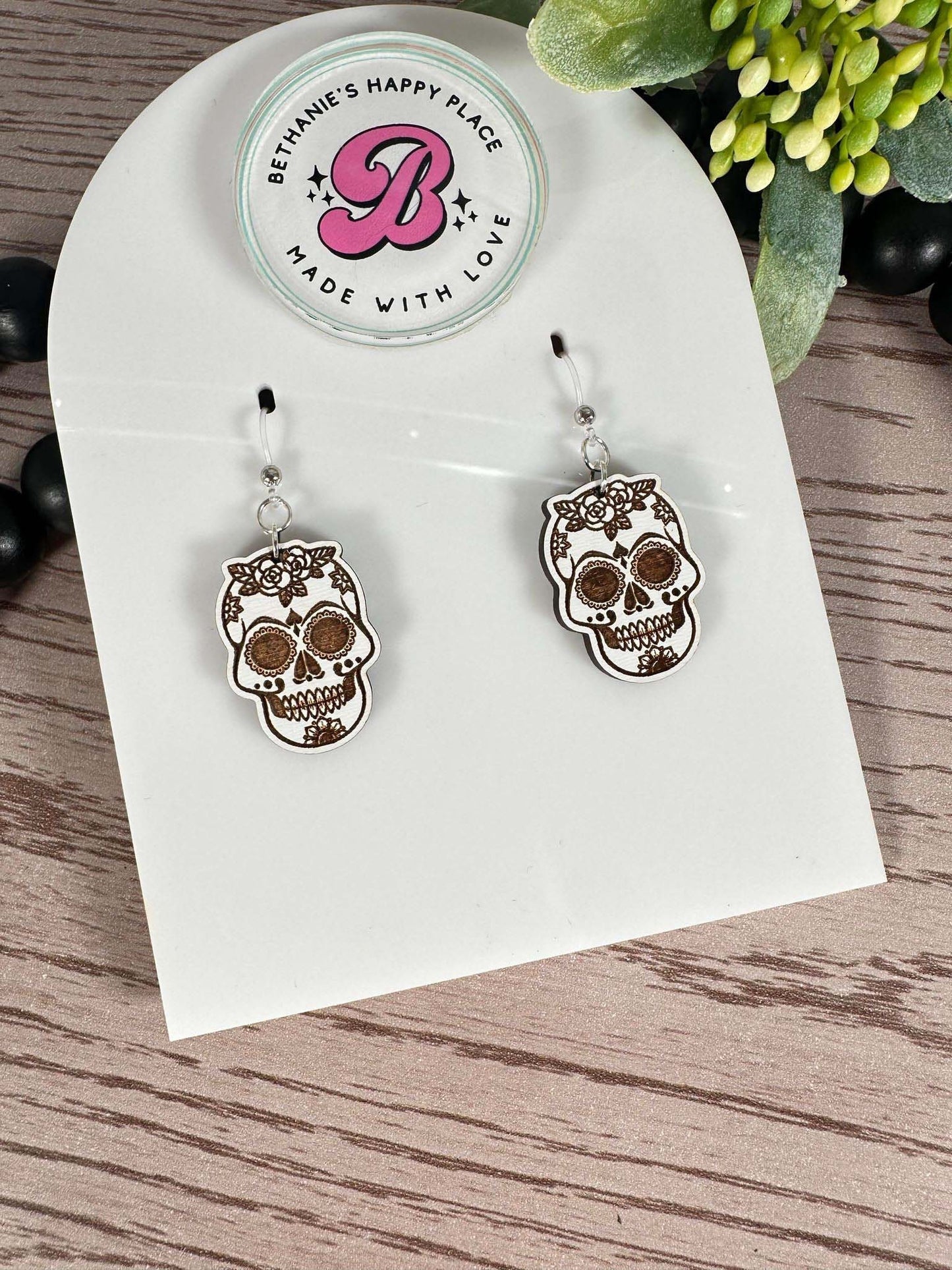 Sugar skull wood earrings, Halloween skull earrings, skull gifts, gifts for women, Halloween gifts, sterling silver hardware