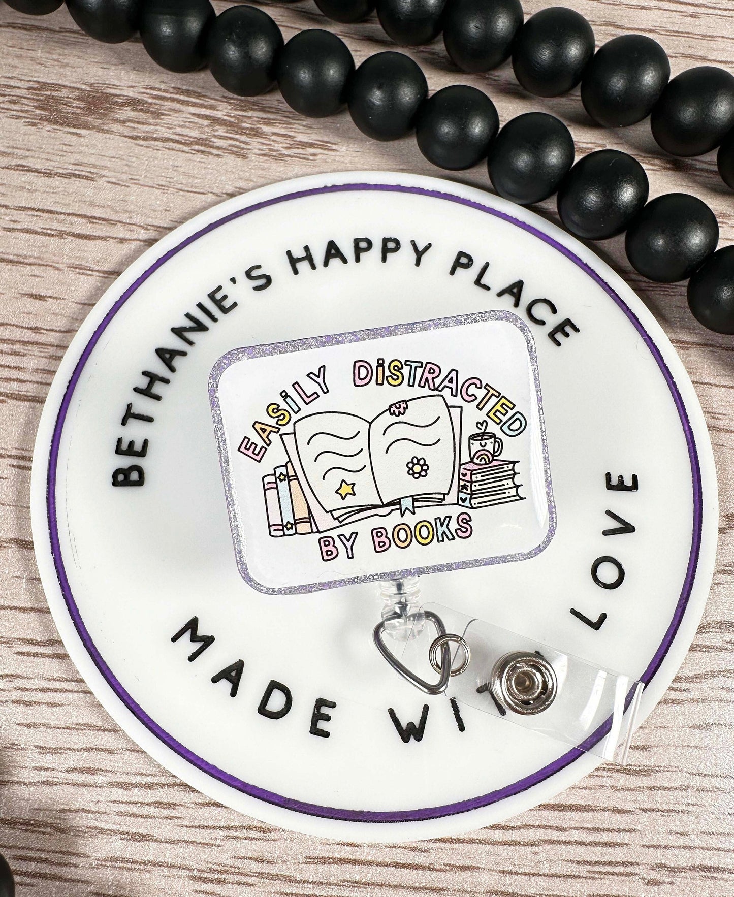 Easily distracted by books retractable badge reel, readers gift, reading badge holder, librarian gifts, teacher ID holder, lanyard