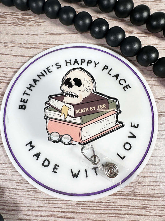 Death by TBR retractable badge reel, skull books badge holder, teacher ID holder, retractable lanyard, librarian gifts, readers badge clip