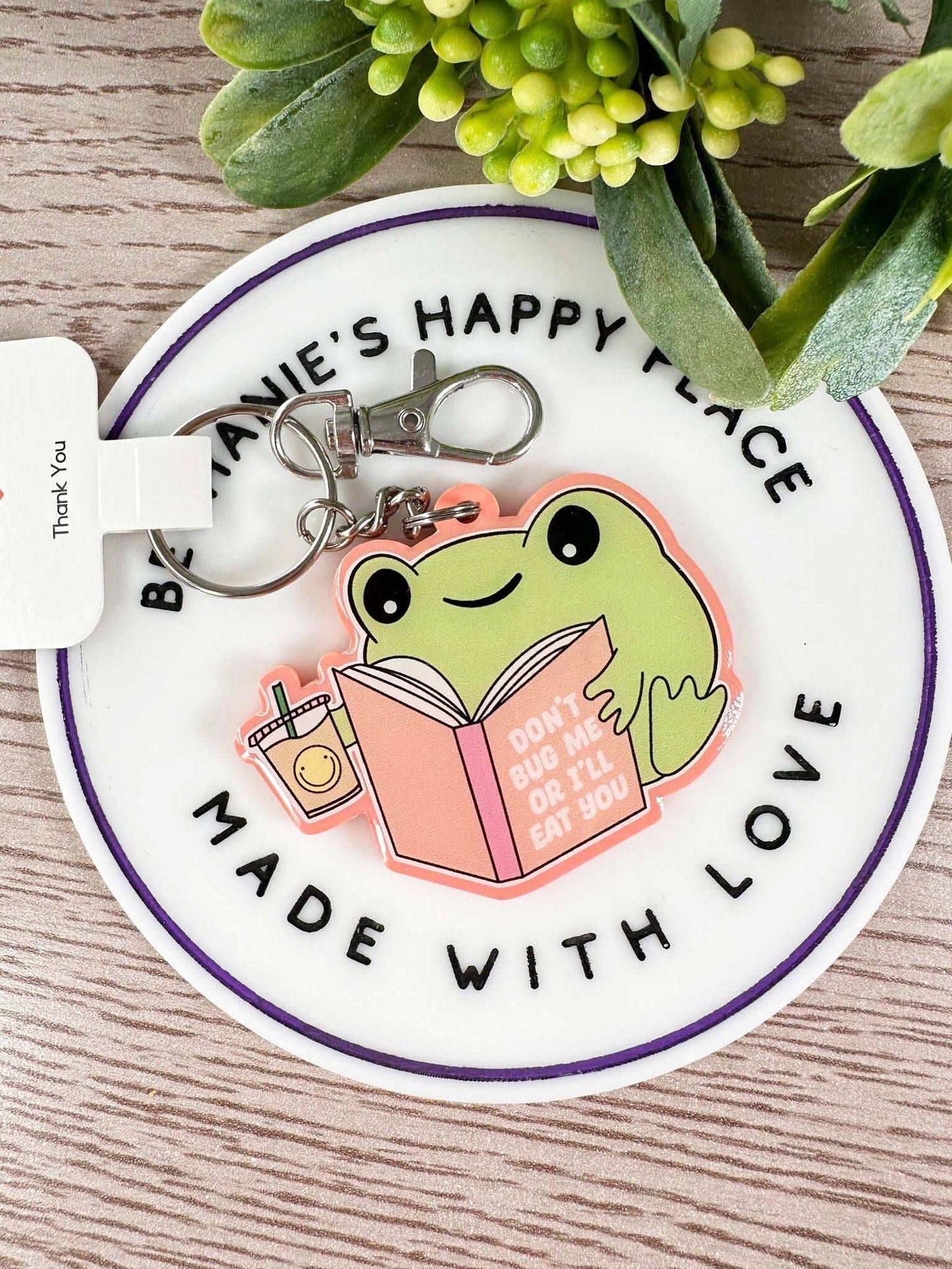 Frog reading keychain, frog gifts, don't bug me or I'll eat you, book lovers keychain, funny frog gifts, gifts for her, handmade acrylic