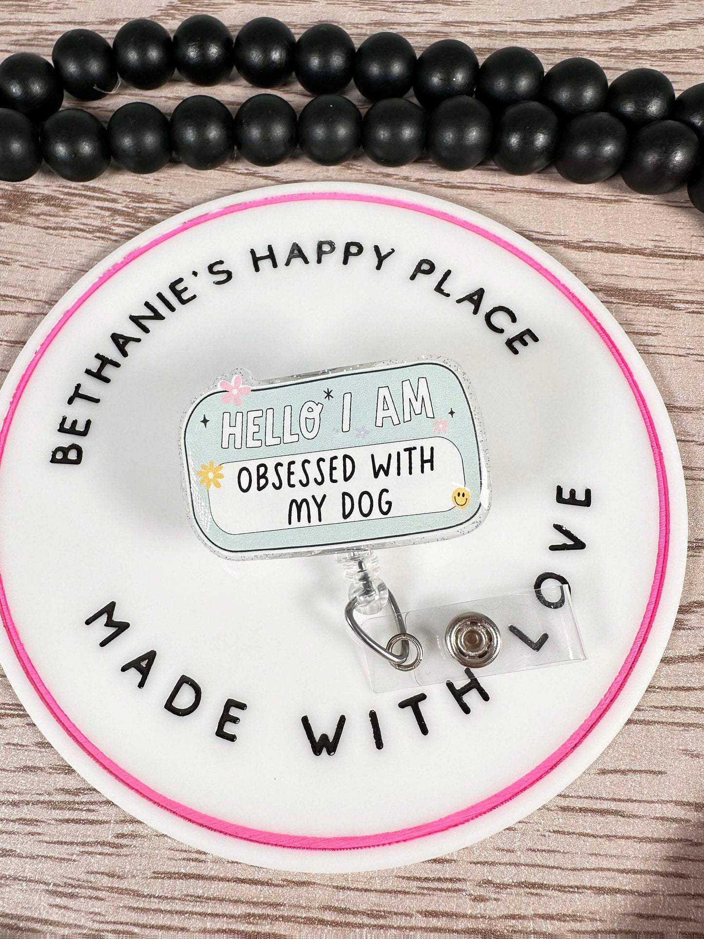 Hello I am obsessed with my dog name tag retractable badge reel, ID holder, dog gift, RN badge holder, teacher lanyard, acrylic badge topper