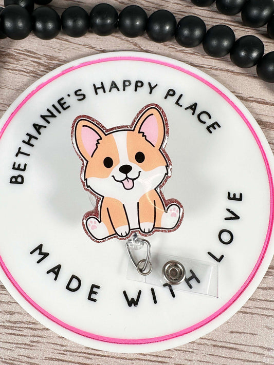 Sitting corgi retractable badge reel, corgi gifts, corgi puppy, dog gifts, dog badge holder, ID holder, nurse badge reel, pediatrics