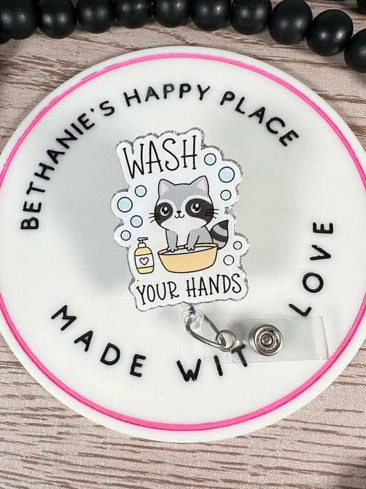 Wash your hands raccoon retractable badge reel, raccoon badge holder, nurse ID holder, medical key card holder, lanyard, nurse gifts