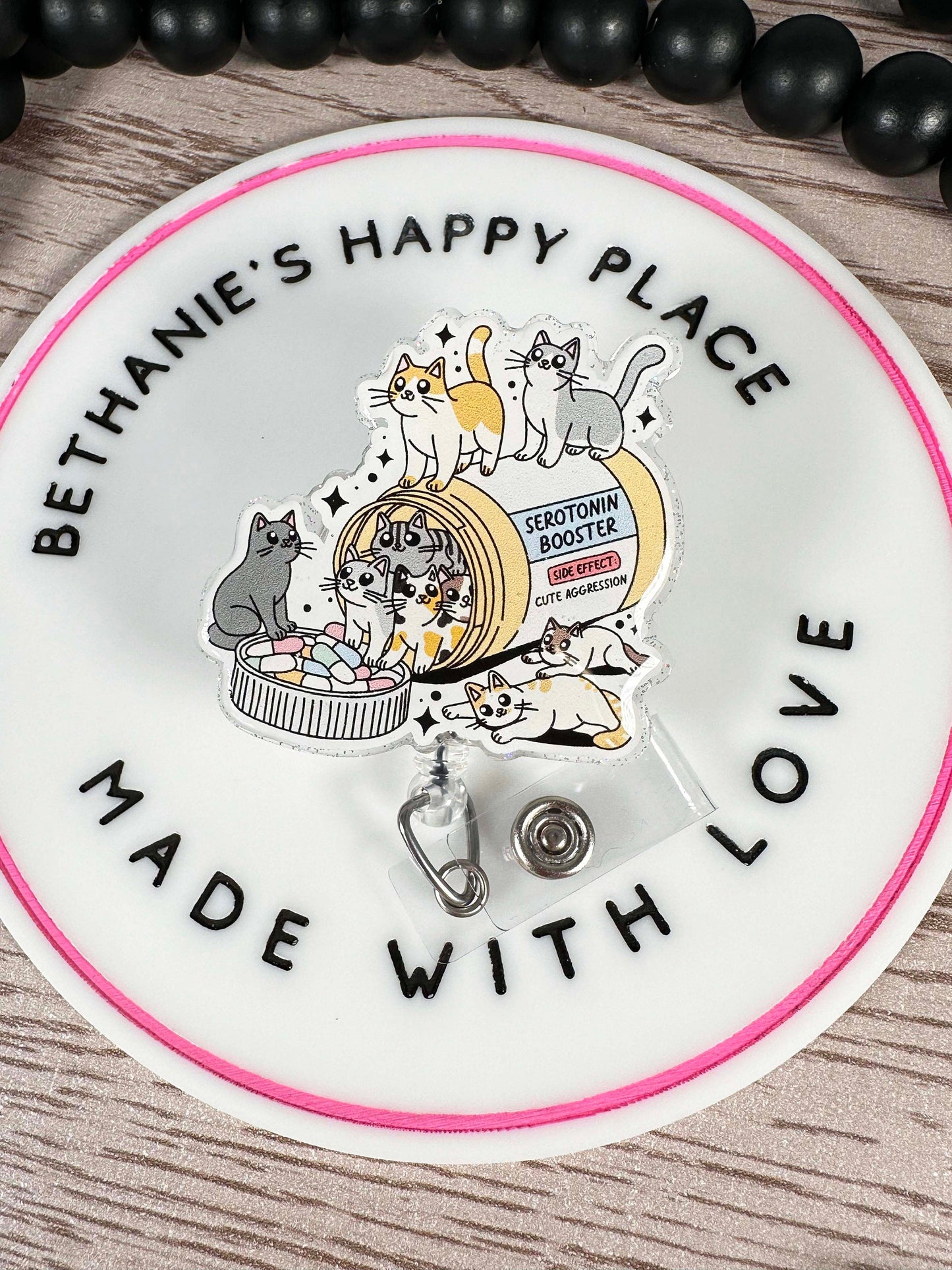 Cat happy pills retractable badge reel, serotonin booster, cat gifts, mental health badge holder, nurse ID holder, lanyard, acrylic