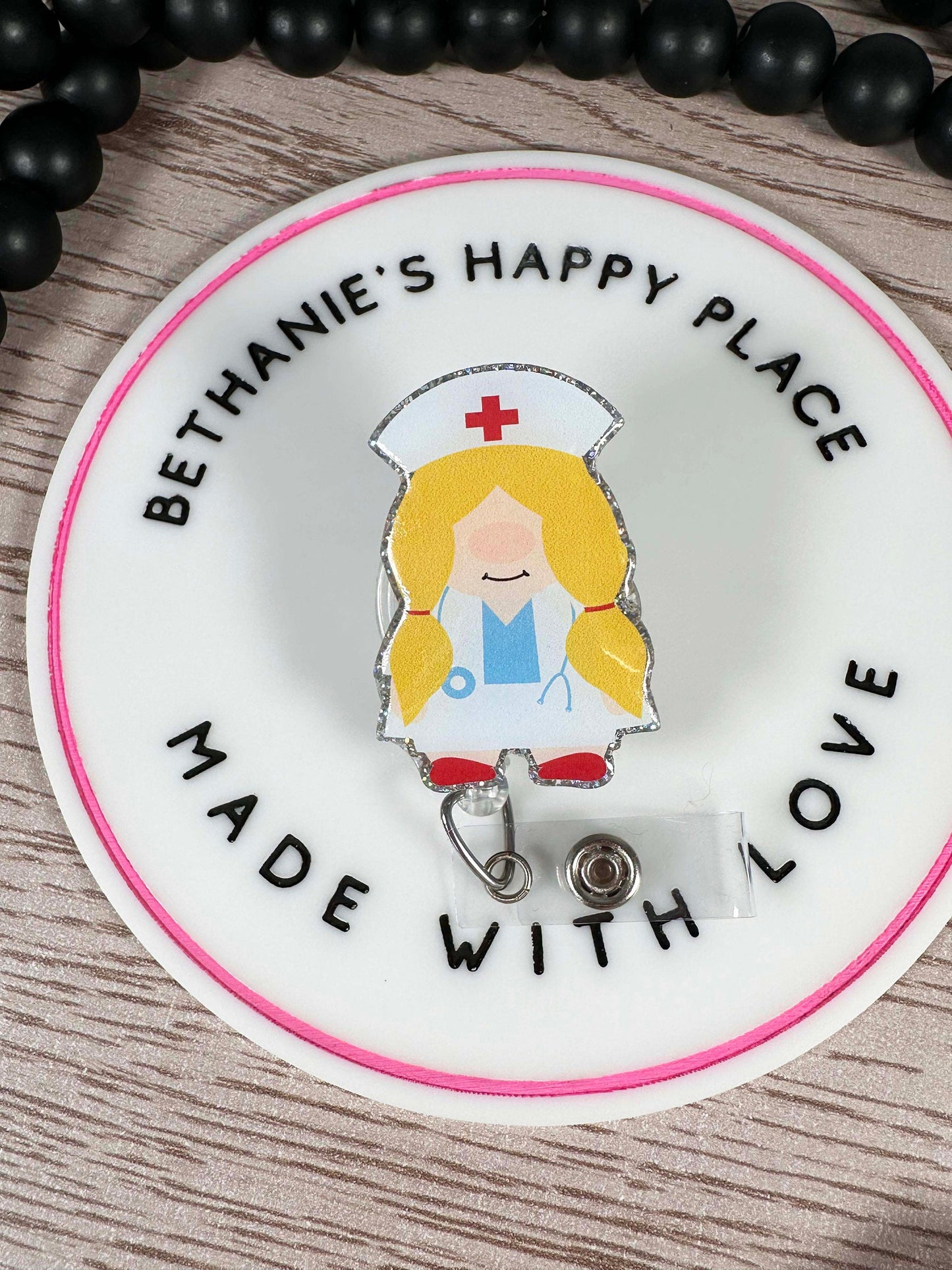 Girl gnome nurse retractable badge reel, gnome gifts, gnome nurse ID holder, medical key card holder, retractable lanyard, cute topper