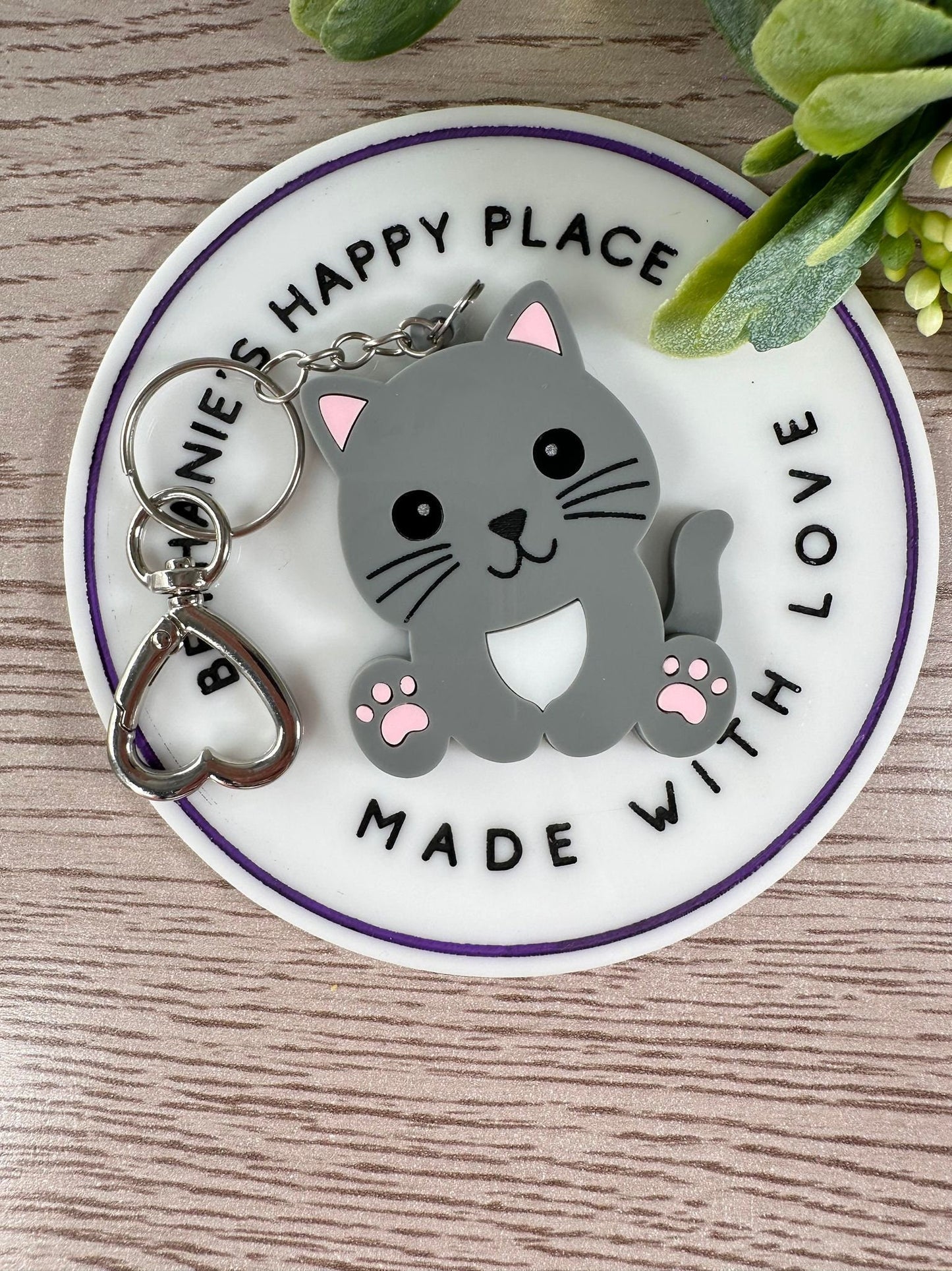 Gray cat keychain, cat gifts, cute kitten acrylic handmade keychain, gifts for men or women, cat zipper pull, kids backpack tag