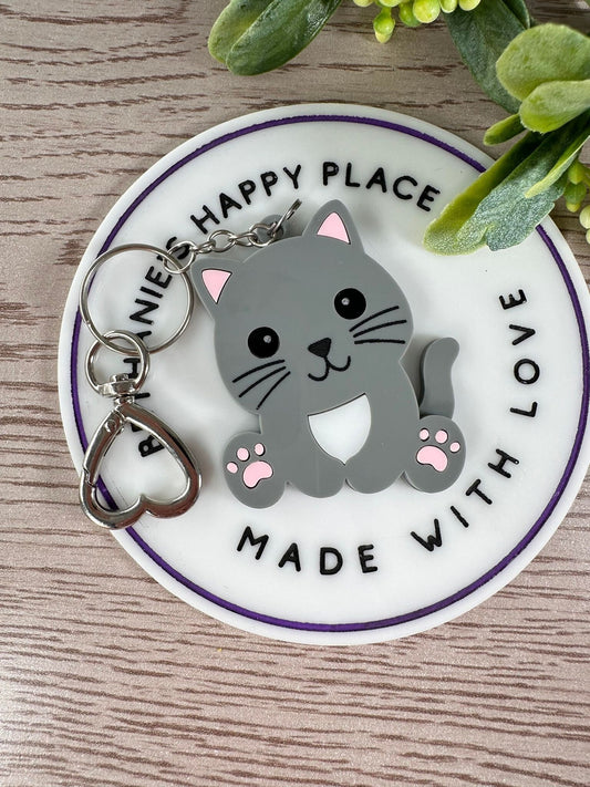 Gray cat keychain, cat gifts, cute kitten acrylic handmade keychain, gifts for men or women, cat zipper pull, kids backpack tag