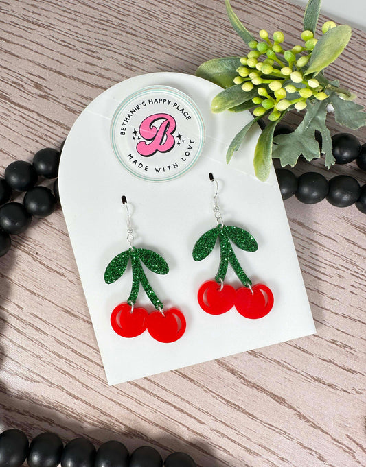 Cherry acrylic dangle earrings, cherry gifts, fruit earrings, statement earrings, wire hook, gifts for her, fashion jewelry