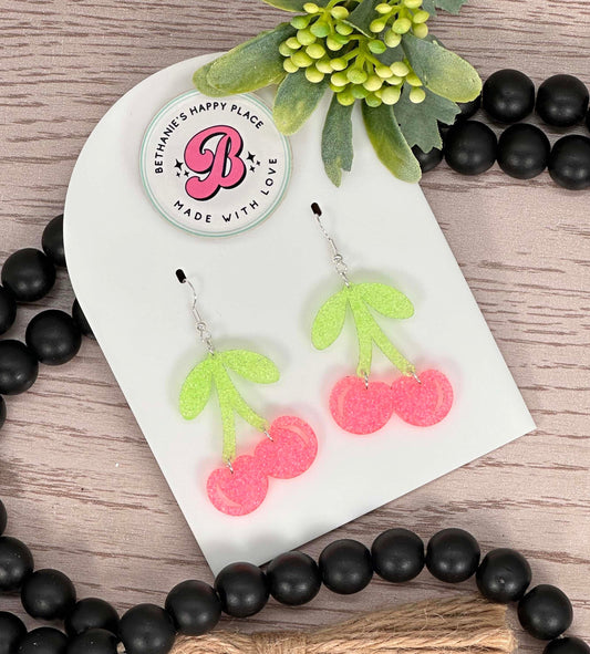 Pink cherry acrylic dangle earrings, cherry gifts, fruit earrings, statement earrings, wire hook, gifts for her, fashion jewelry