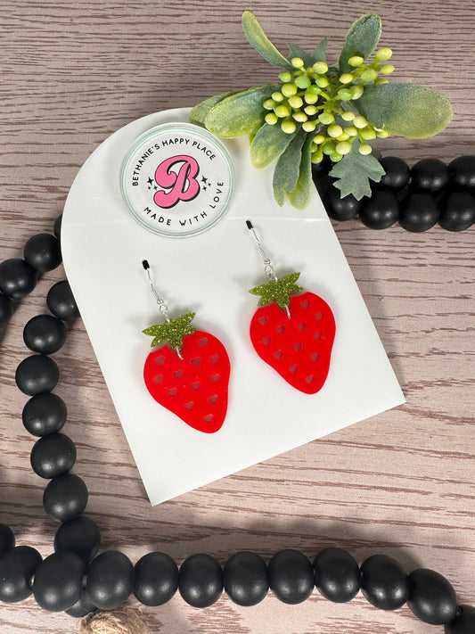 Strawberry acrylic earrings, fruit gifts, strawberry gifts, handmade statement earrings, gifts for her, sterling silver ear hooks