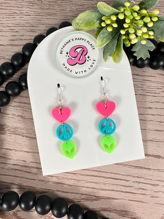 Peace love alien earrings, alien acrylic dangle earrings, alien gifts, neon statement earrings, stainless steel ear wires