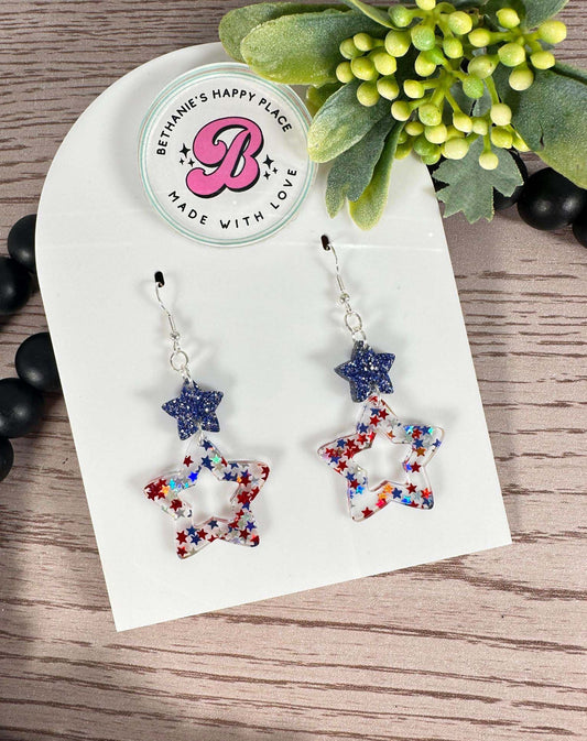 Patriotic star acrylic earrings, 4th of July glitter earrings, patriotic gifts, gifts for women, lightweight, easy to clean, wire hooks