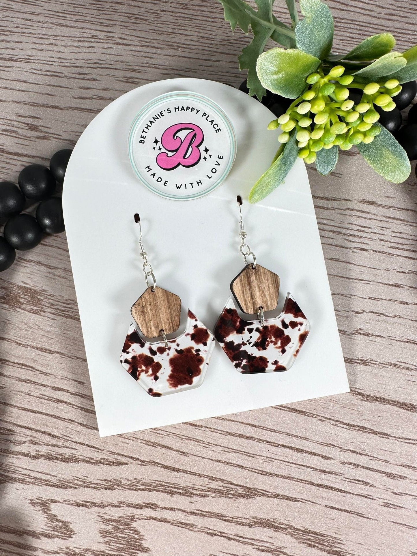 Brown cowhide earrings, acrylic and walnut wood earrings, country cowhide, country gifts for women, cow gifts, statement earrings