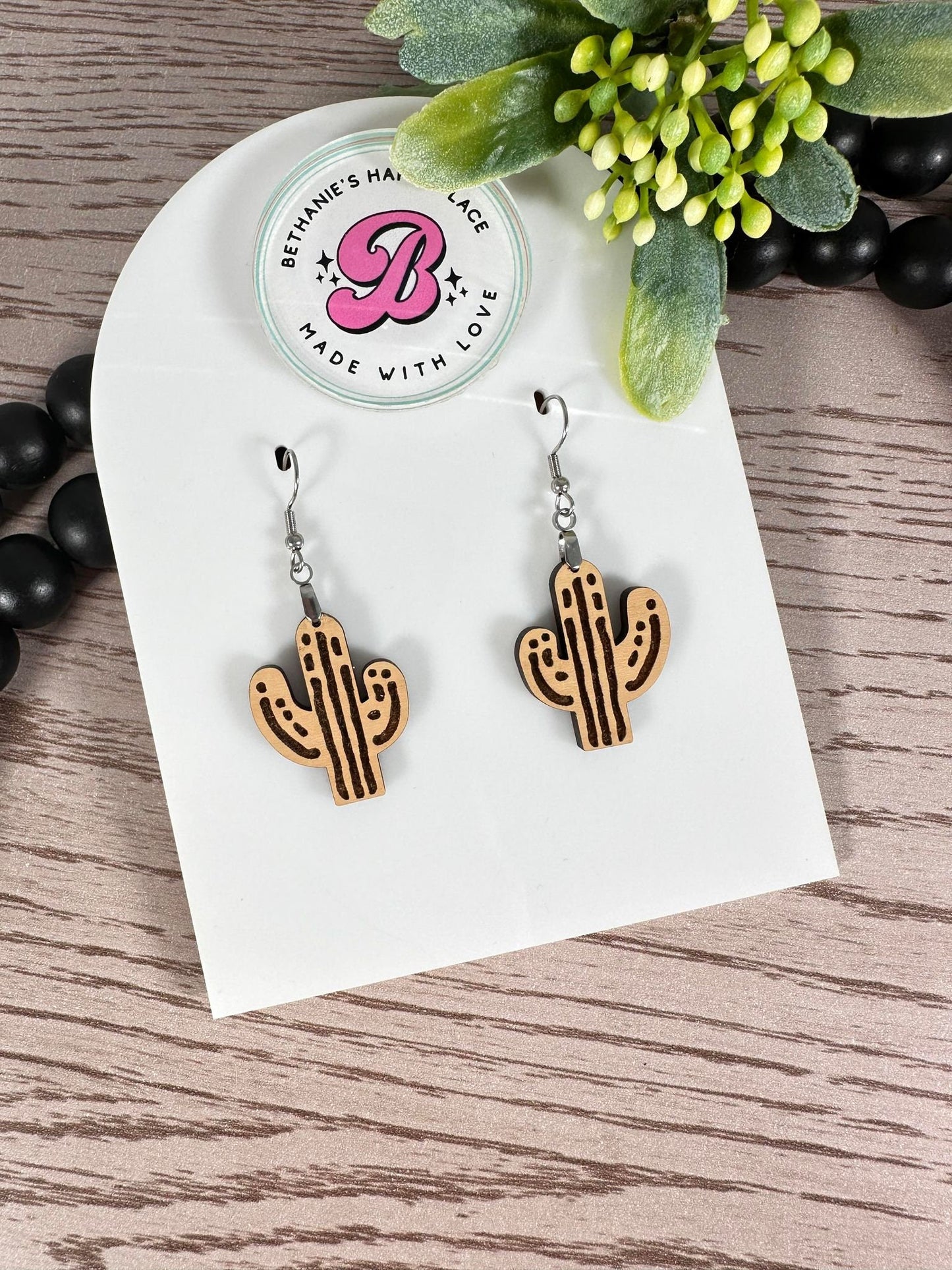 Wood cactus earrings, western gifts for women, handmade cactus gifts, stainless steel wire hooks, gifts for her, statement earrings