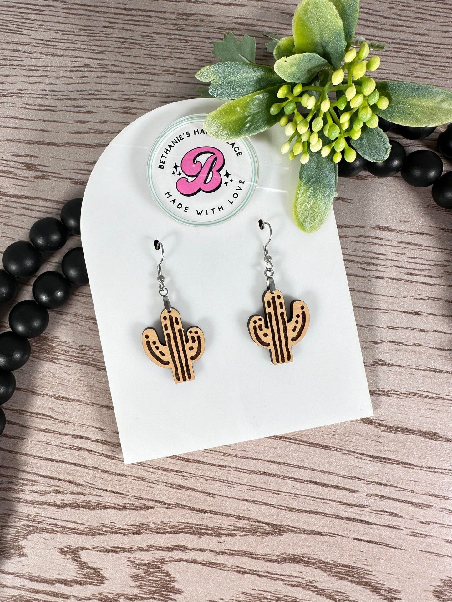 Wood cactus earrings, western gifts for women, handmade cactus gifts, stainless steel wire hooks, gifts for her, statement earrings