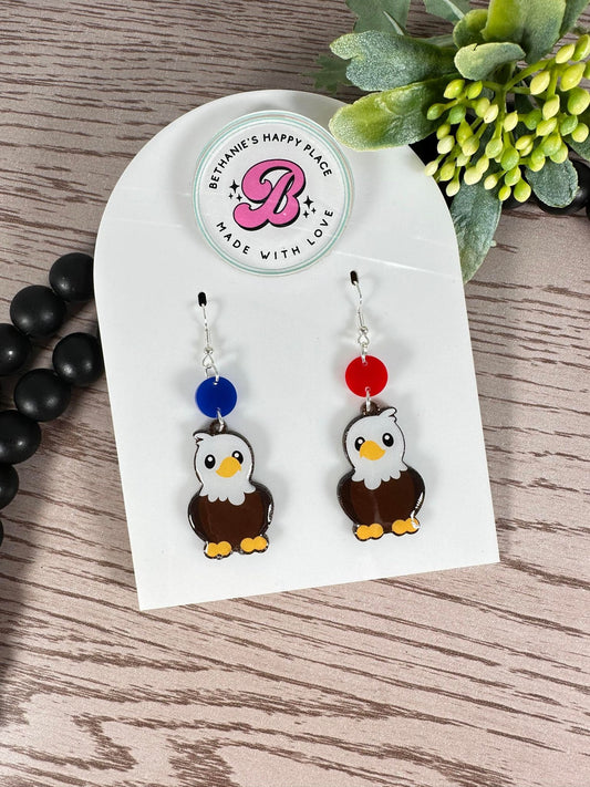 Eagle earrings, school spirit statement earrings, eagle gifts, school mascot earrings, red and blue eagles, handmade acrylic earrings