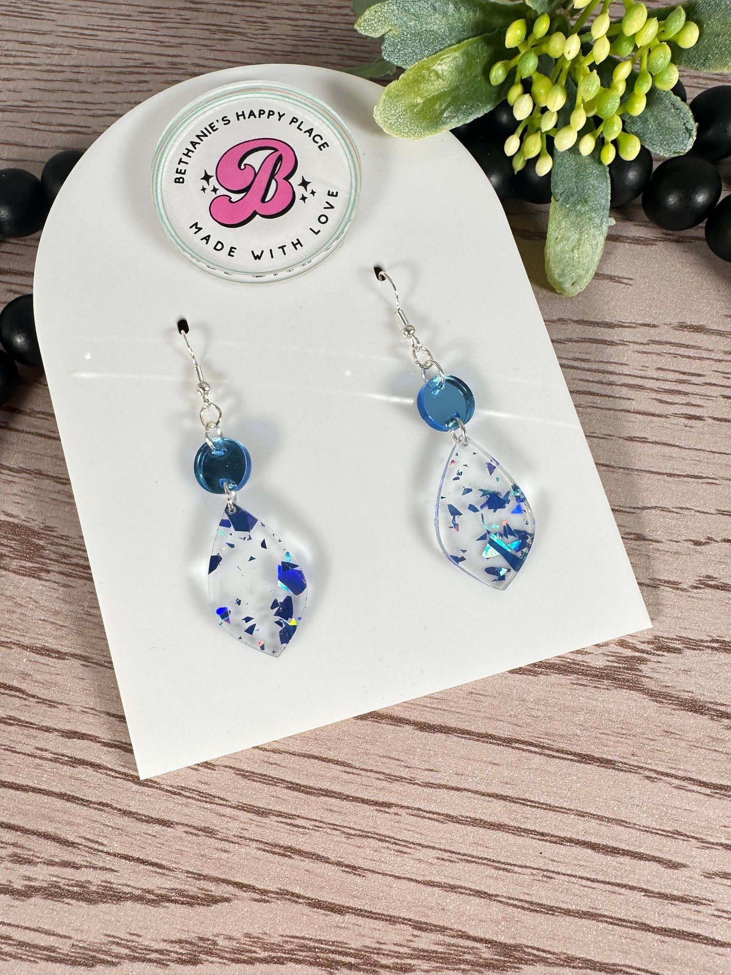 Blue glitter flake teardrop earrings, handmade dangle statement earrings, gifts for women, blue acrylic glitter earrings, fashion jewelery