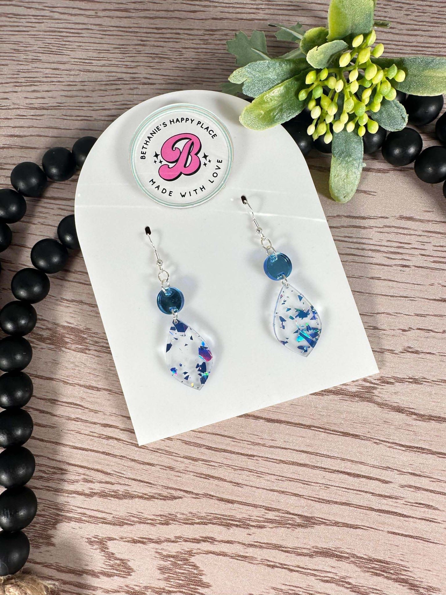 Blue glitter flake teardrop earrings, handmade dangle statement earrings, gifts for women, blue acrylic glitter earrings, fashion jewelery