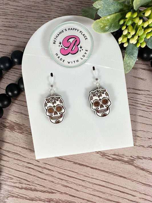 Sugar skull wood earrings, Halloween skull earrings, skull gifts, gifts for women, Halloween gifts, sterling silver hardware