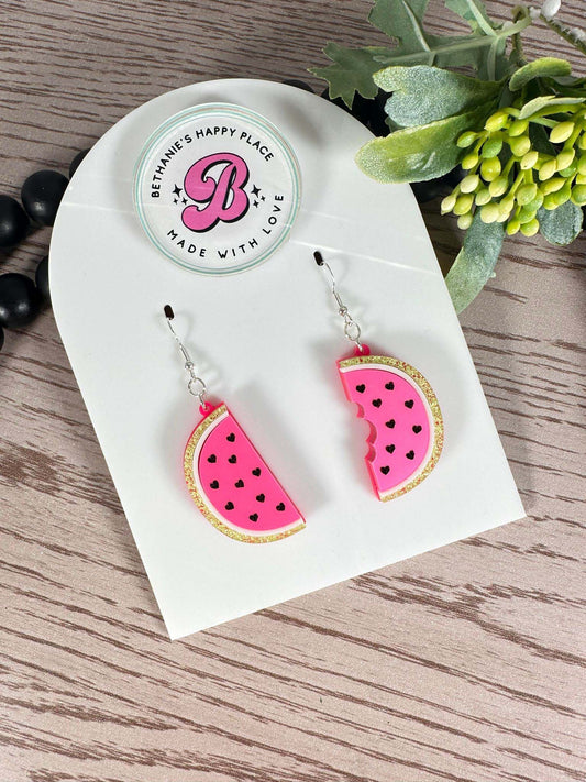 Watermelon acrylic earrings, summer dangle earrings, watermelon gifts, summer statement jewelry, fun earrings, sterling silver hooks