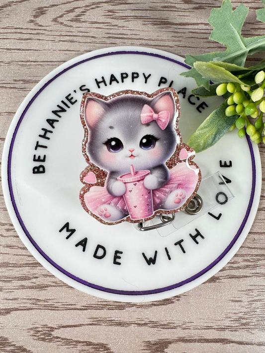 Kitty in tutu retractable badge reel, cat ID holder, cat gifts, cute kitten acrylic badge topper, key card holder, nurse badge holder