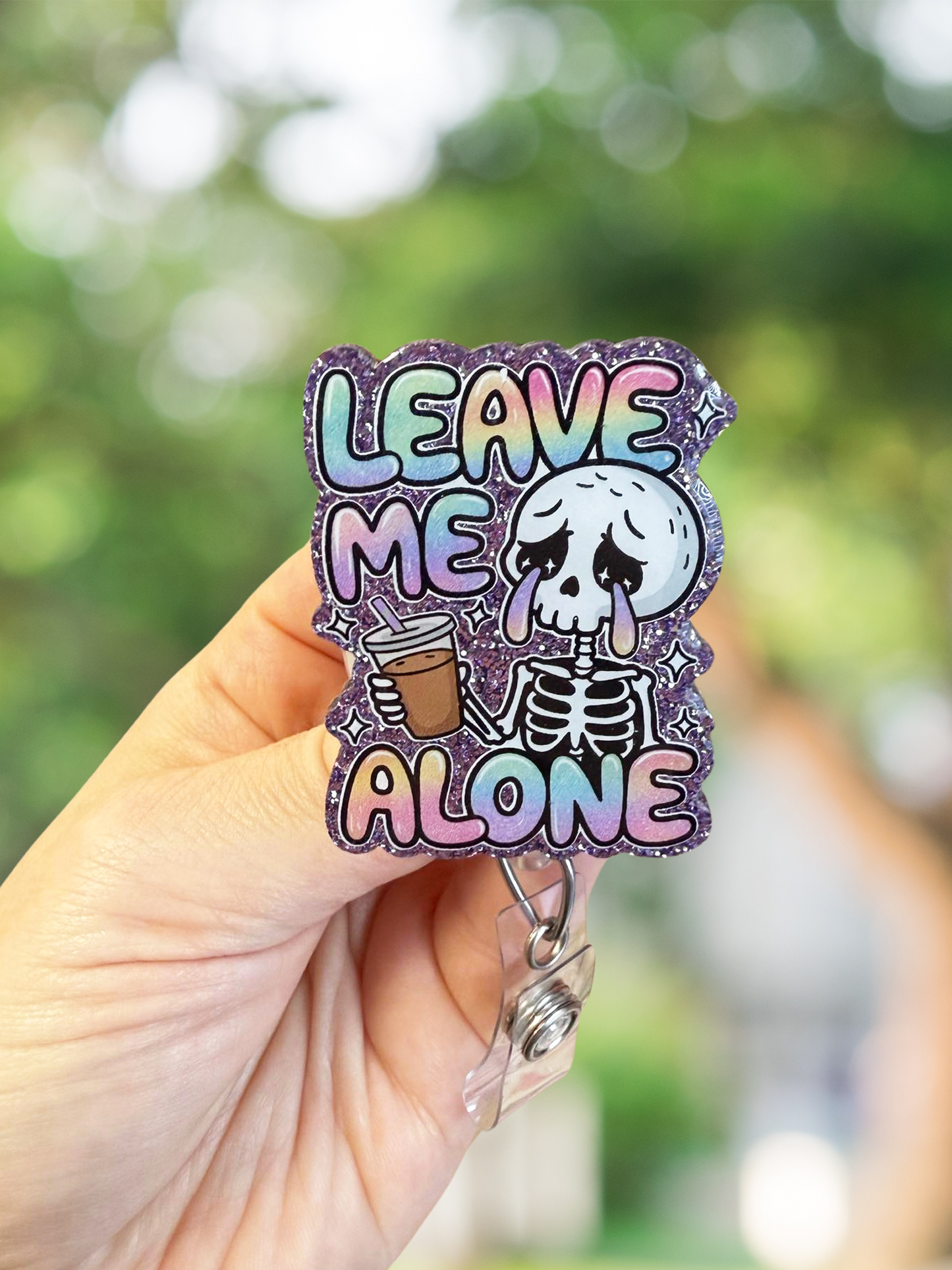 Leave me alone skeleton retractable badge reel